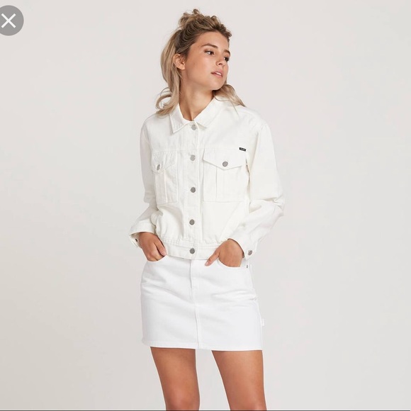 white denim jacket and skirt set